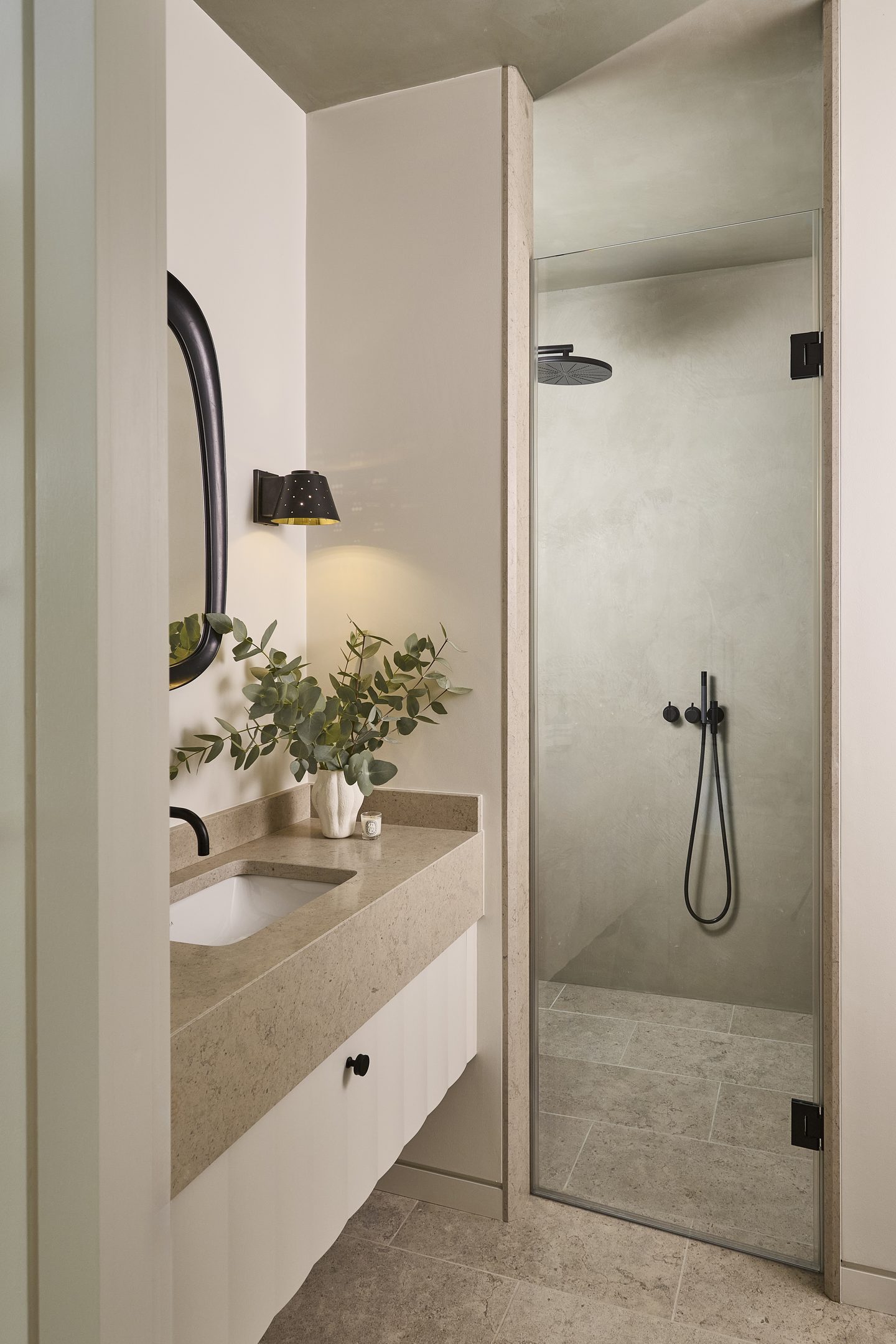 Shower room with stone vanity and walk-in shower