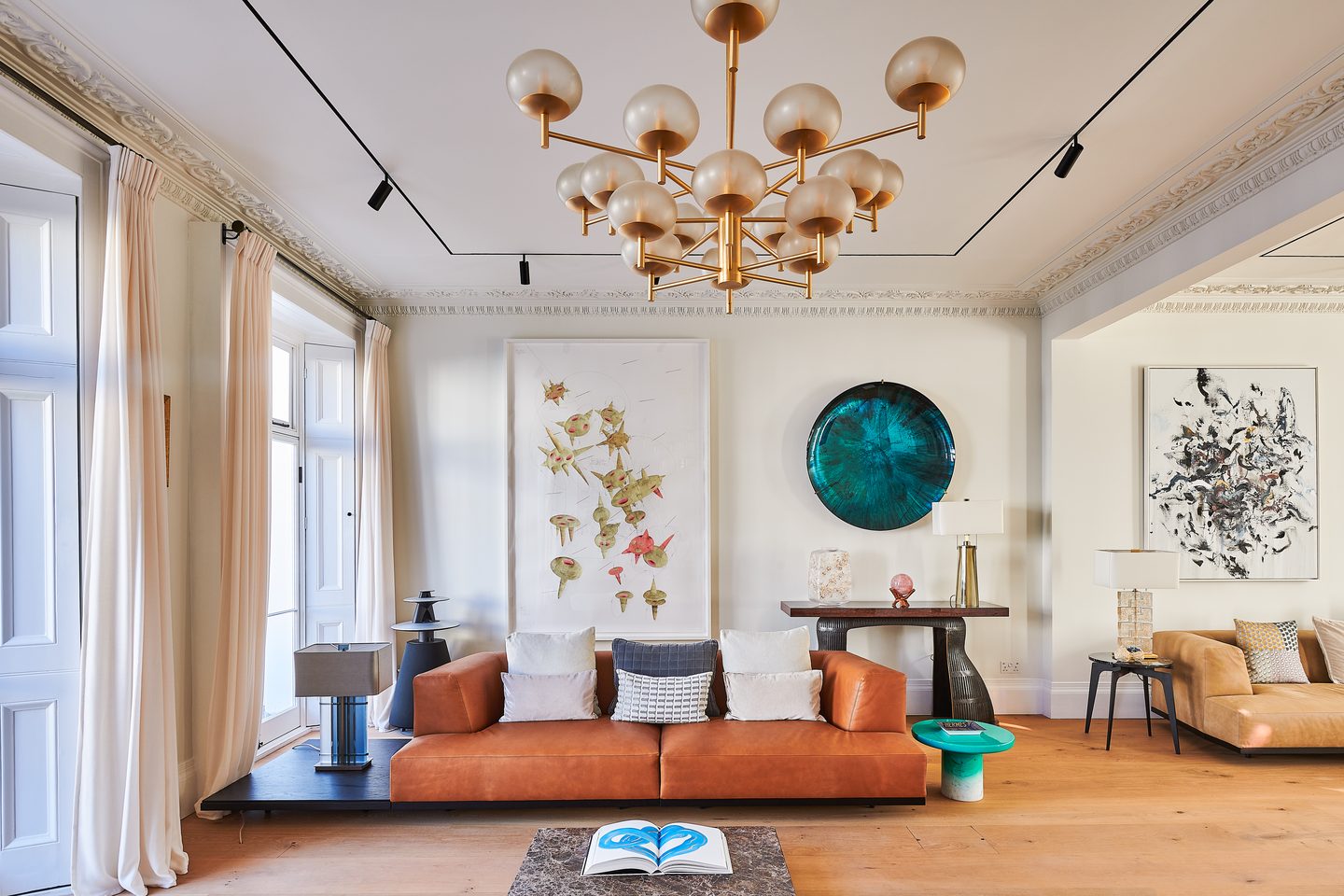 Drawing room with original cornice and full-height windows
